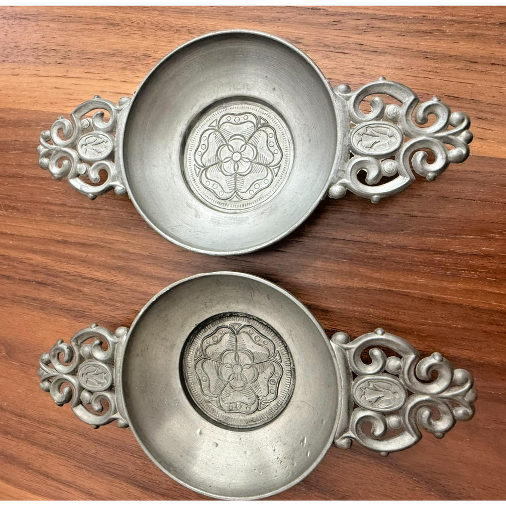 Set 2 Antique Fein Zinn German Pewter Flowered Bowl with Handles Porringer Angel
